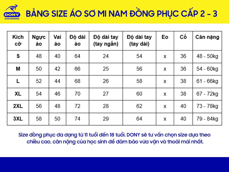 Bảng size sơ mi đồng phục học sinh cấp 2, cấp 3 (nam).