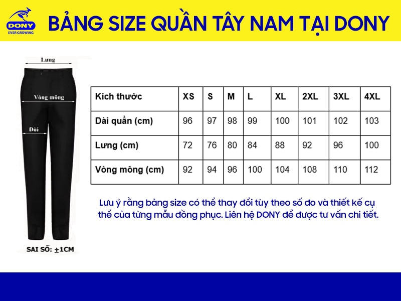 Bảng size may quần đồng phục khách sạn tại đồng phục DONY (nam).