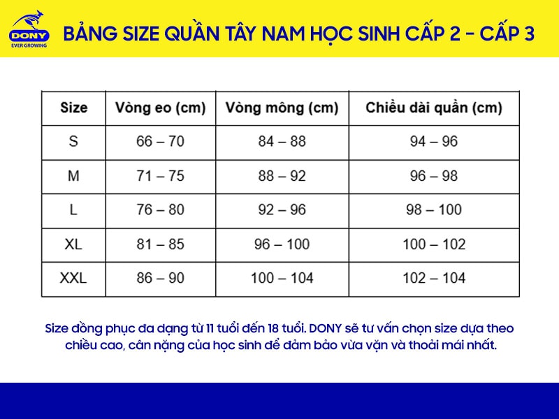 Bảng size quần tây nam đồng phục học sinh cấp 2, cấp 3.