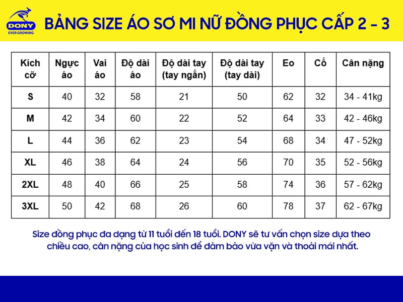 Bảng size sơ mi đồng phục học sinh cấp 2, cấp 3 (nữ).