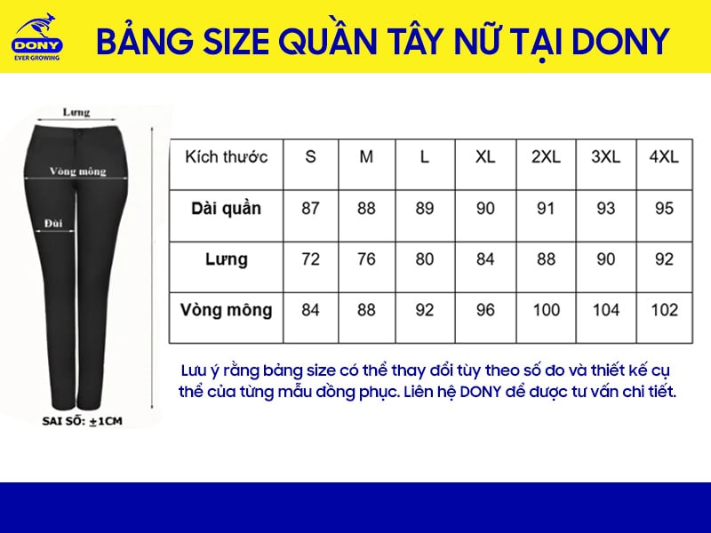 Bảng size quần đồng phục khách sạn tại đồng phục DONY (nữ).