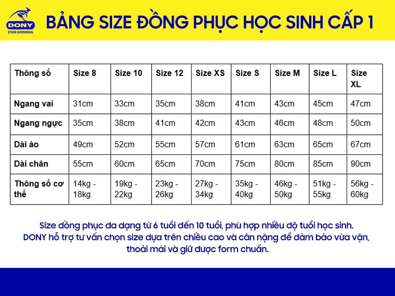 Bảng size may đồng phục học sinh cấp 1 tại đồng phục DONY.
