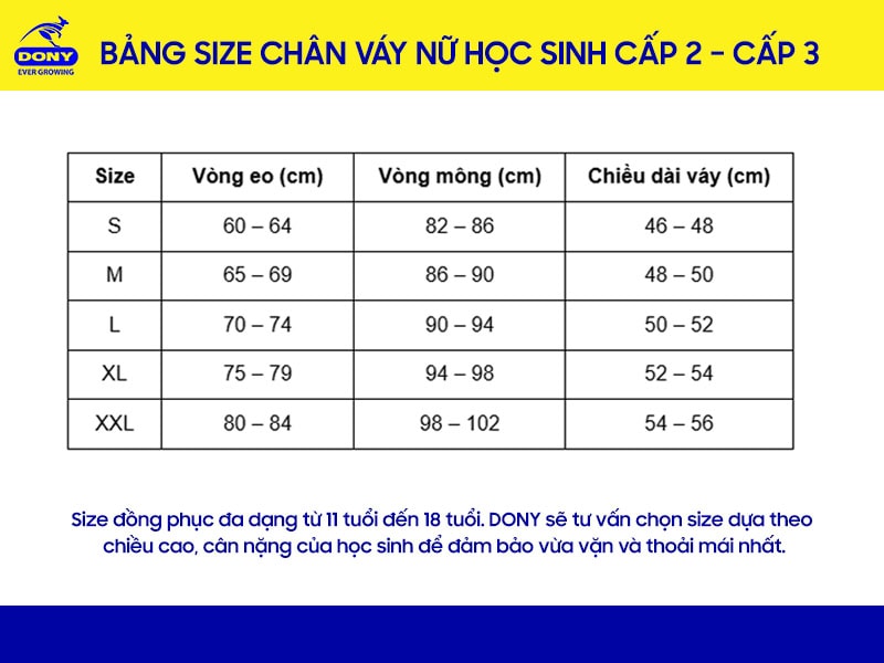 Bảng size chân váy nữ học sinh cấp 2, cấp 3.