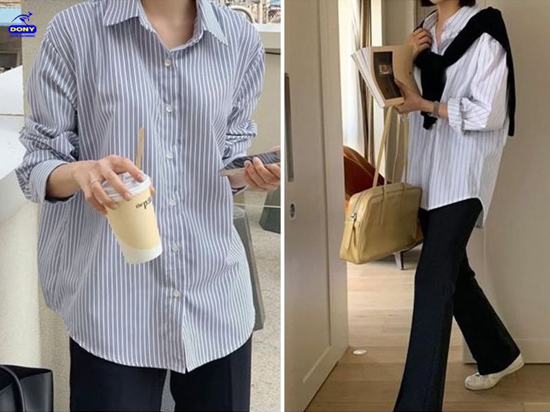 Áo sơ mi oversize màu trắng và xám nhạt, phù hợp với công sở hiện đại.