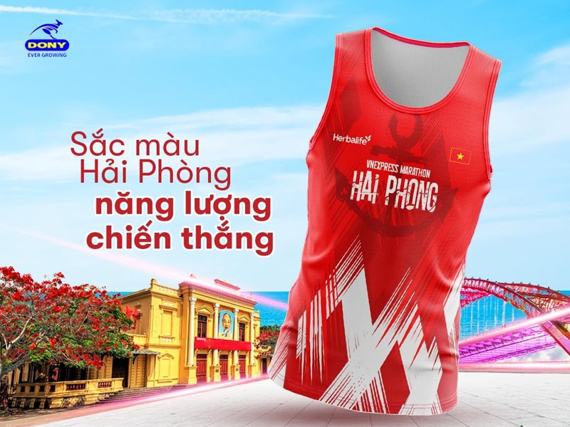Áo thun chạy bộ tank top màu đỏ phối logo Herbalife.
