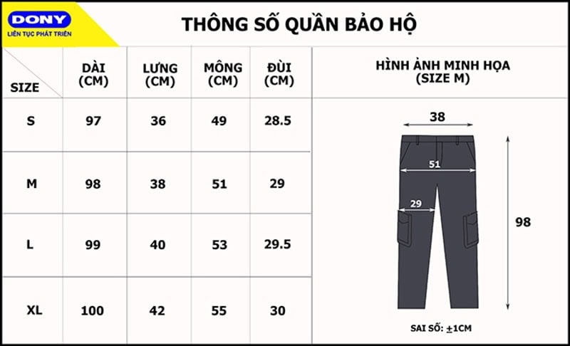 Bảng size quần bảo hộ lao động