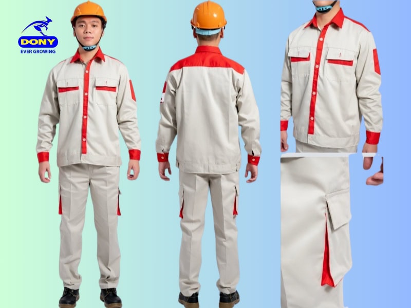 Quần áo bảo hộ lao động tiêu chuẩn màu kem.