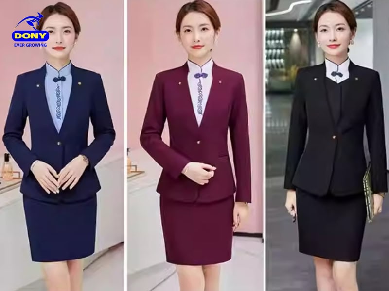Đồng phục vest kết hợp chân váy dành cho lễ tân nữ.