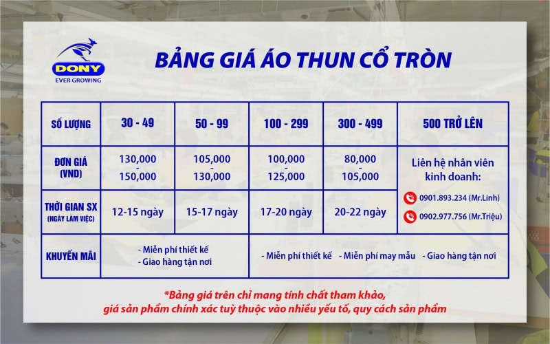 Bảng báo giá áo thun cổ tròn tại Đồng Phục DONY.