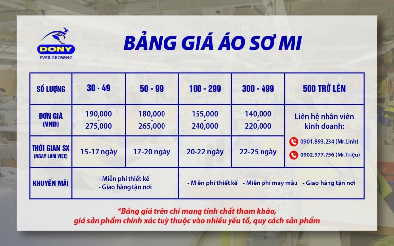 Bảng báo giá áo sơ mi tại Đồng Phục DONY.