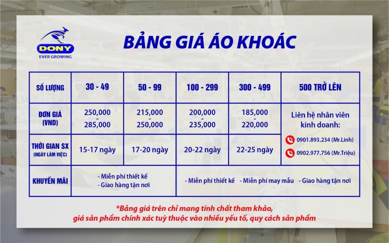 Bảng báo giá áo khoác tại Đồng Phục DONY.