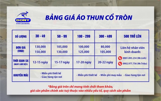Bảng báo giá áo thun cổ tròn tại Đồng Phục DONY.