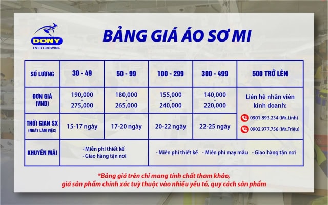 Bảng báo giá áo sơ mi tại Đồng Phục DONY.