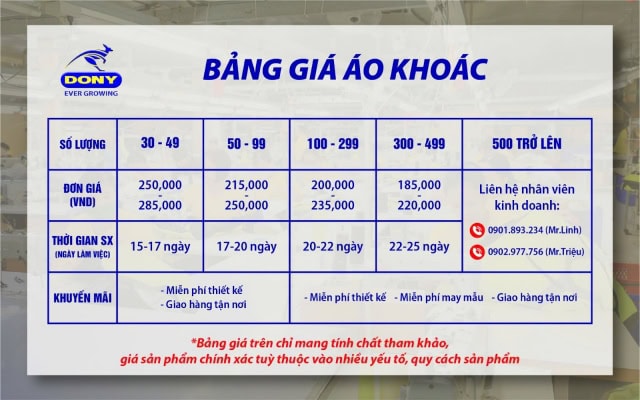 Bảng báo giá áo khoác tại Đồng Phục DONY.