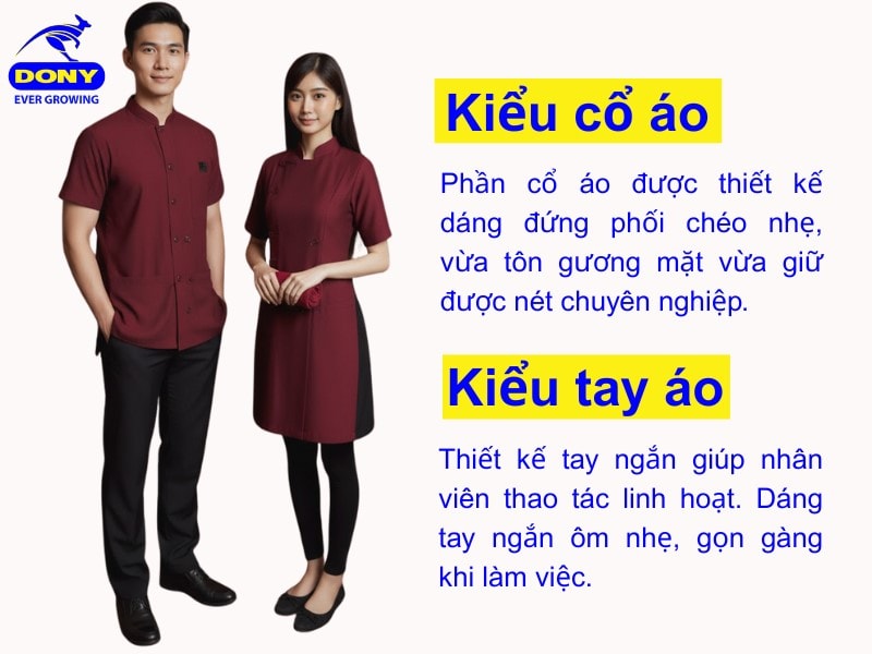 Cổ áo và tay áo đồng phục spa tay ngắn màu đỏ đô