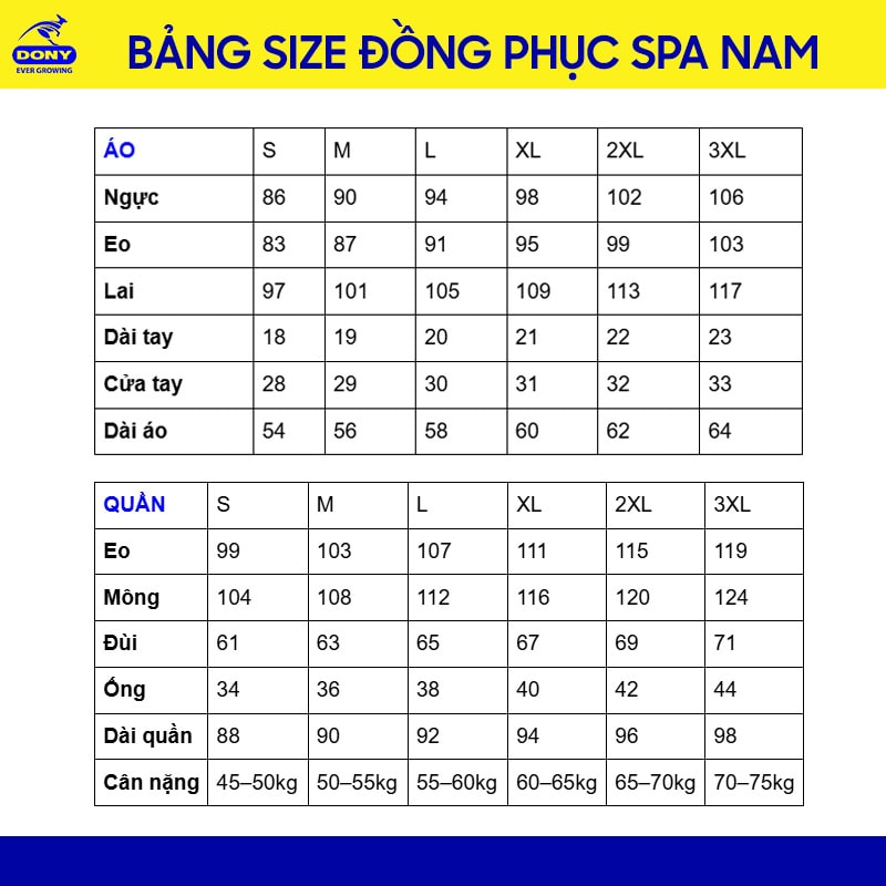 Bảng size đồng phục spa nam.