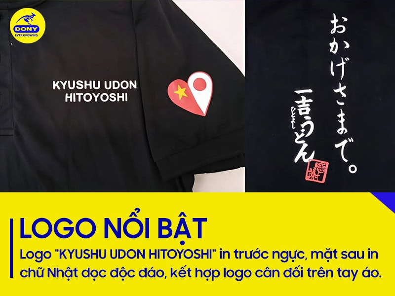 Logo nổi bật, in trước ngực - sau lưng - tay áo..