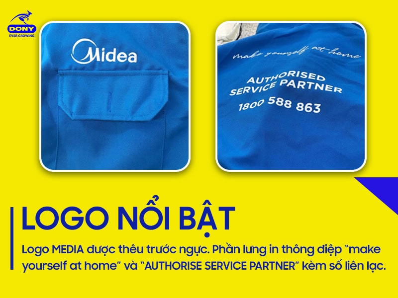 Logo thêu trước ngực và in sau lưng nổi bật thương hiệu.