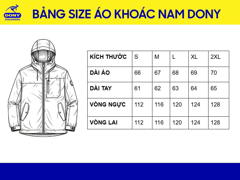 Bảng size may áo khoác đồng phục nam DONY.