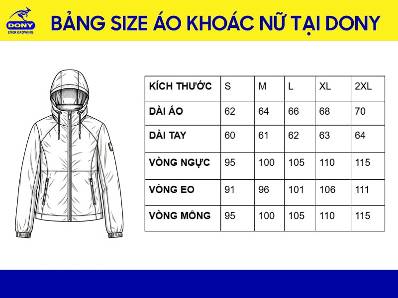 Bảng size may áo khoác đồng phục nữ DONY.