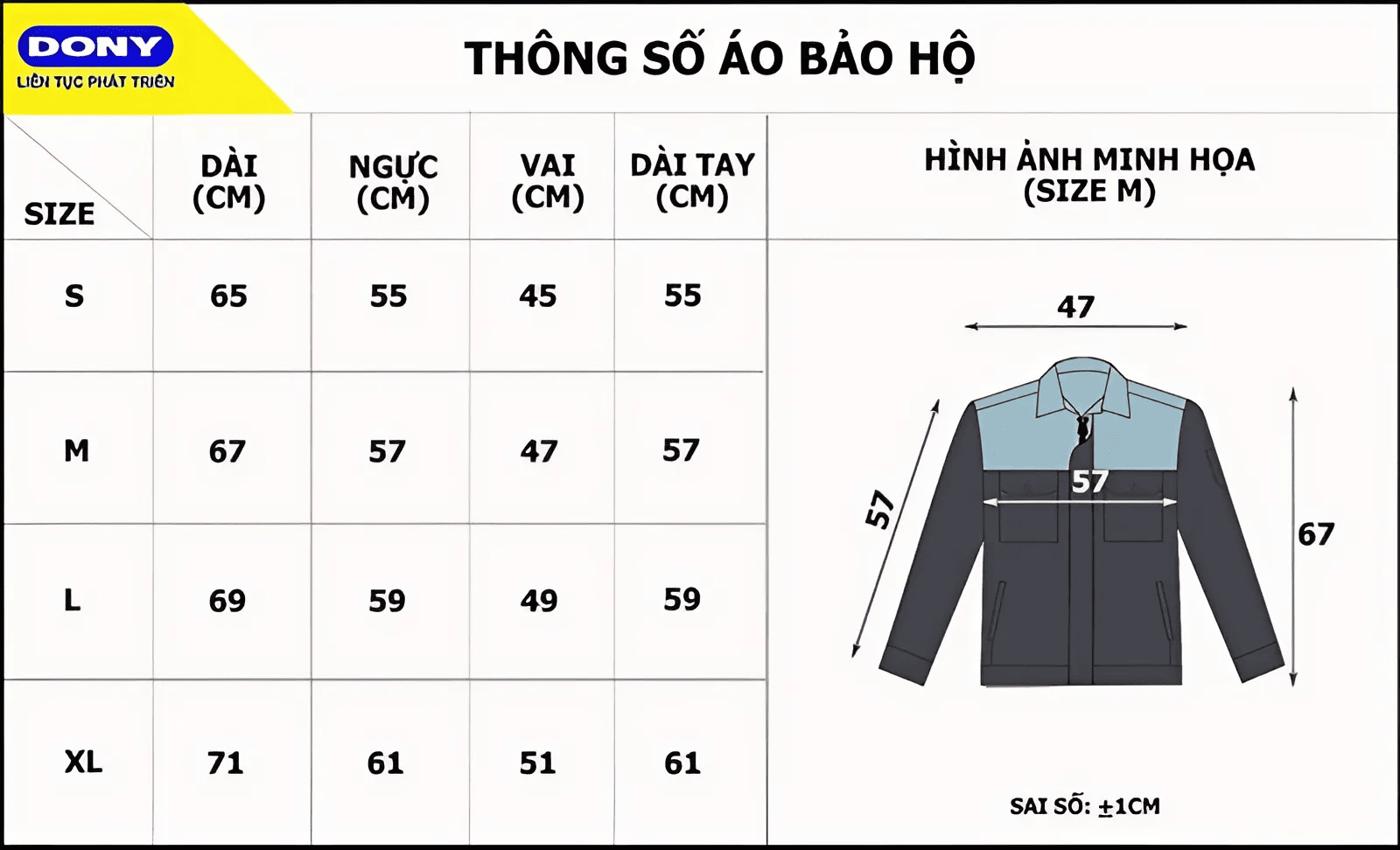 Bảng size may áo bảo hộ lao động.