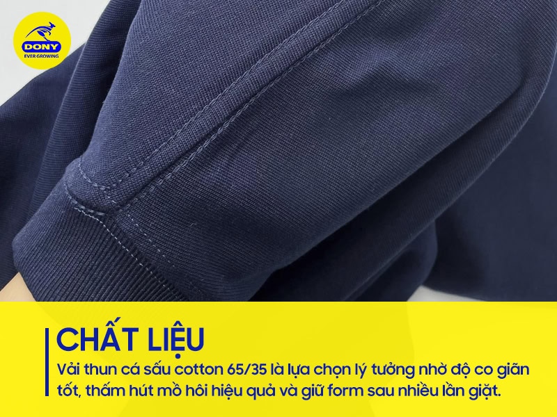 Vải thun cá sấu cotton 65/35 co giãn, thấm hút tốt.