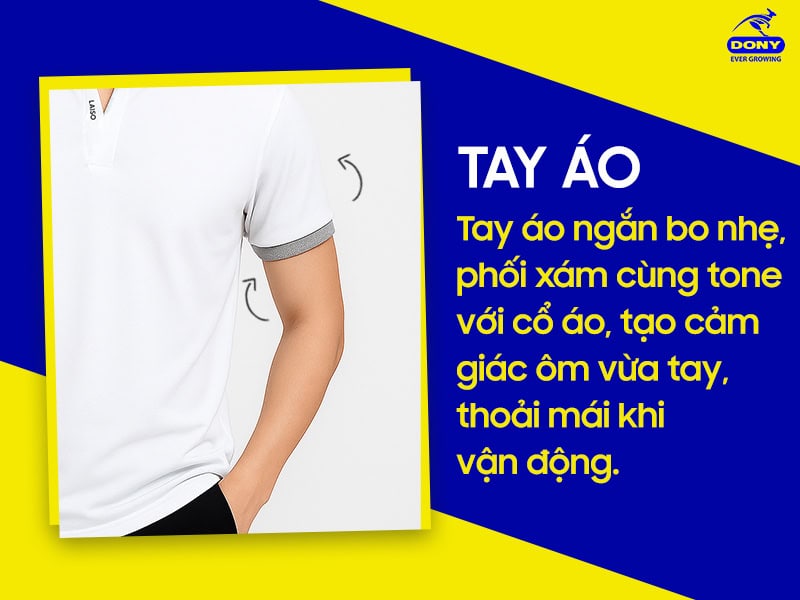 Tay áo ngắn bo nhẹ, phối viền xám cùng tone cổ áo.