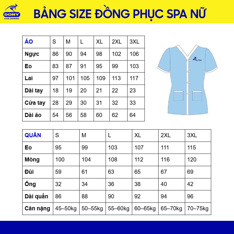 Bảng size đồng phục spa nữ.