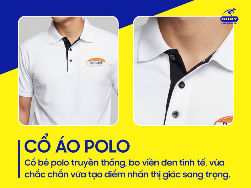 Cổ áo polo truyền thống, bo viền đen tinh tế.