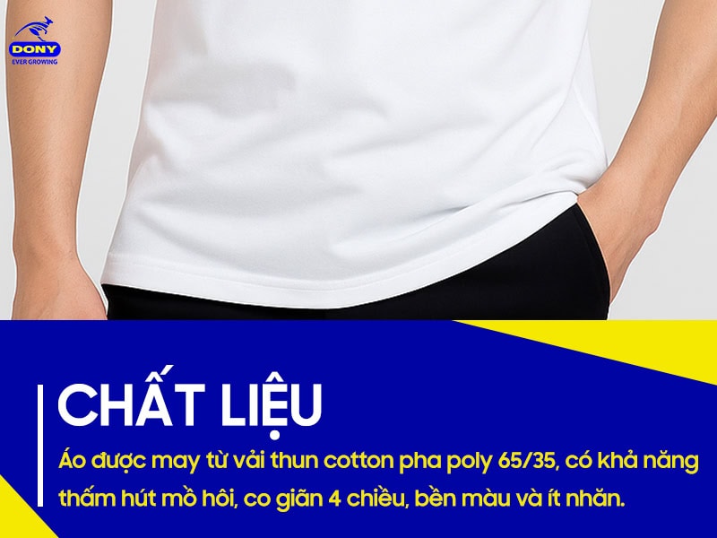 Áo được may từ vải thun cotton pha poly 65/35.