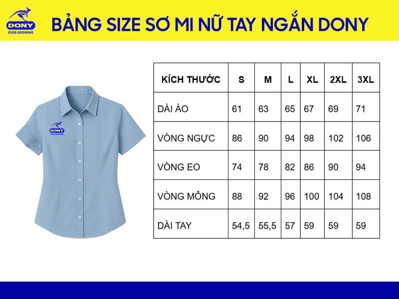 Bảng size may áo sơ mi đồng phục nữ tại đồng phục DONY.