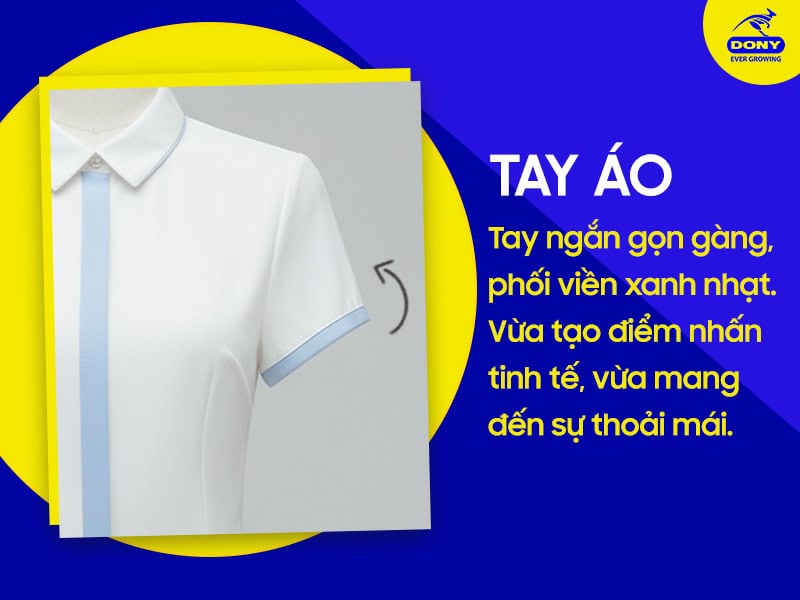Tay áo ngắn gọn gàng, phối viền xanh tinh tế.