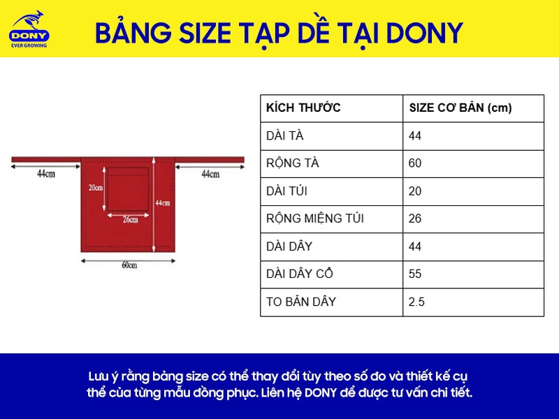Bảng size đồng phục tạp dề.