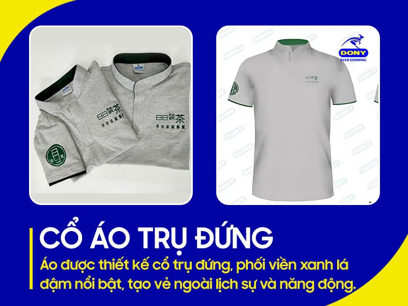 Cổ áo trụ đứng phối viền xanh lá lịch sự.