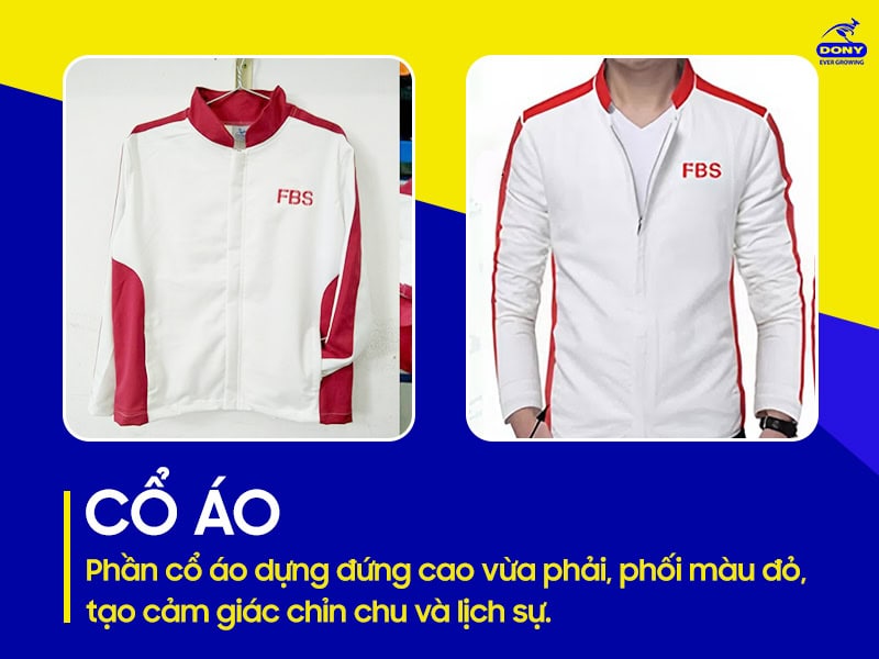 Cổ áo vừa phải, phối màu đỏ tạo điểm nhấn.