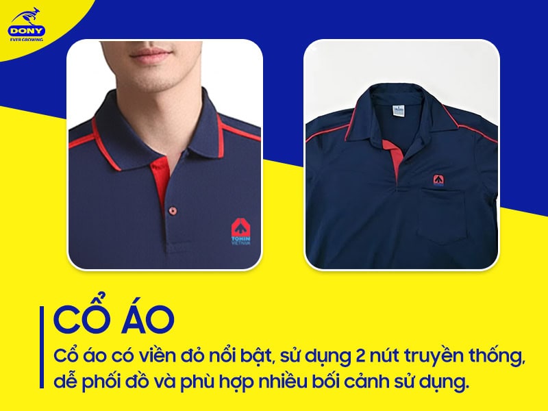 Cổ áo polo có viền đỏ nổi bật, dễ phối đồ.