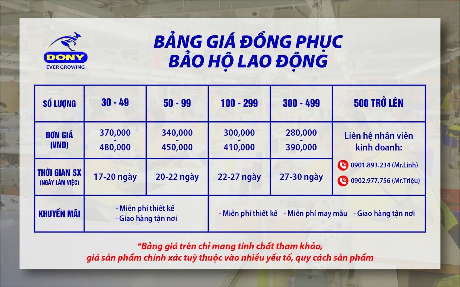 Bảng giá may đồng phục bảo hộ lao động.