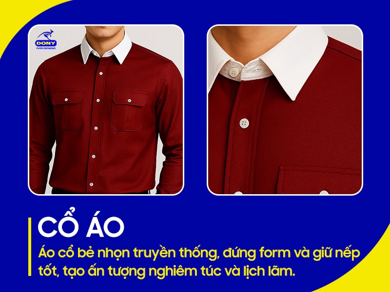 Cổ áo bẻ truyền thống, đứng form và giữ nếp tốt.