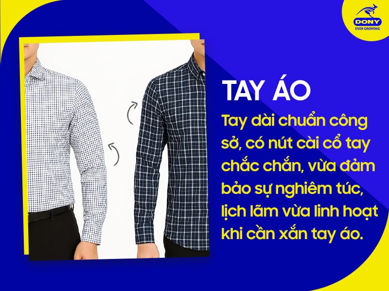 Tay dài chuẩn công sở, có nút gài cổ tay.