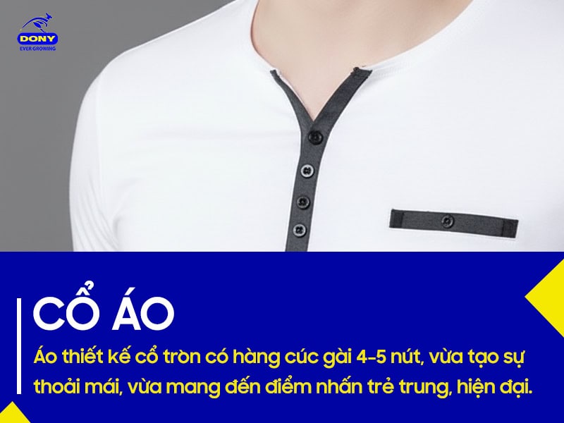 Áo cổ tròn có cúc gài thoải mái, trẻ trung.