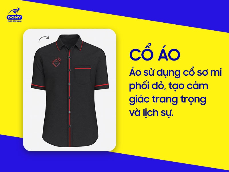 Cổ sơ mi phối viền đỏ, trang trọng và lịch sự.