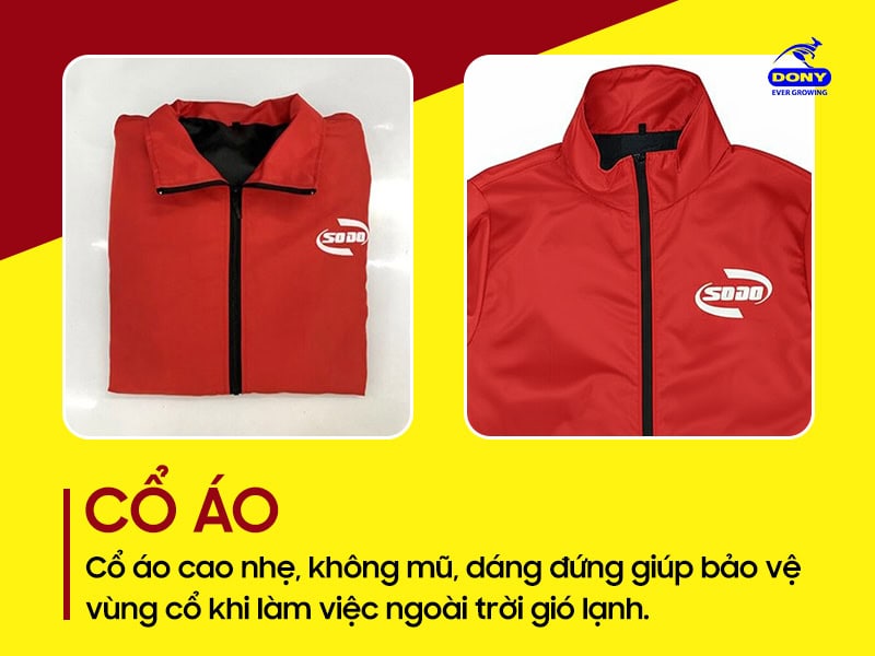 Cổ áo cao nhẹ, không mũ, dáng cổ đứng.