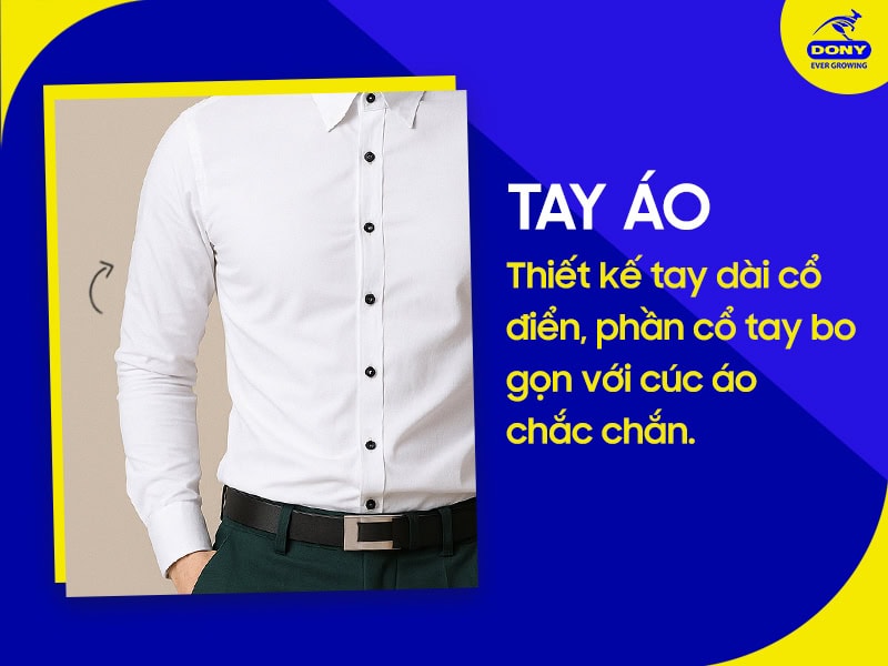 Tay áo dài cổ điển, bo tay gọn gàng.