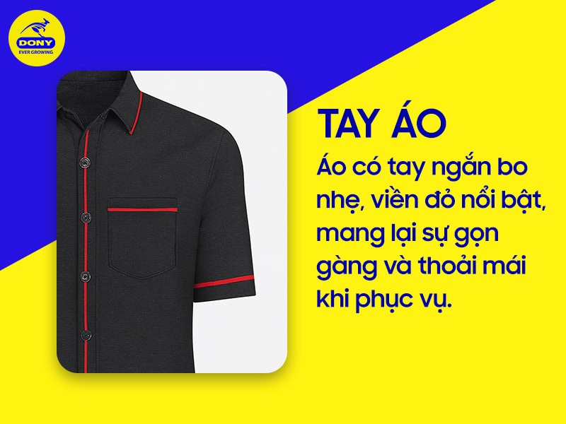 Tay áo ngắn bo nhẹ, có viền đỏ nổi bật.