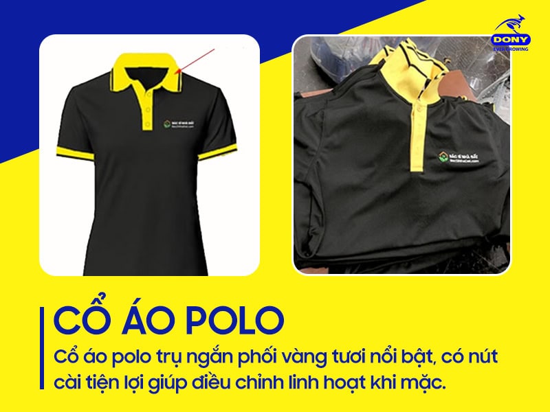 Cổ áo polo có trụ ngắn phối vàng tươi nổi bật.