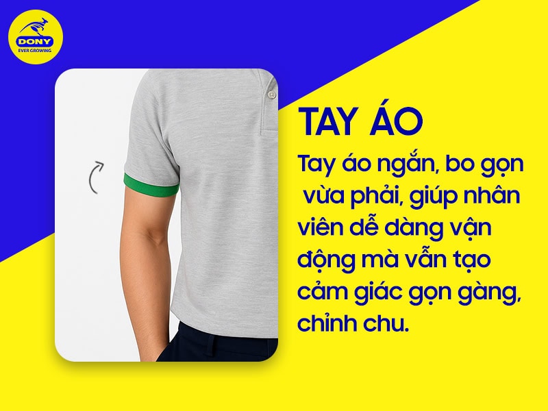 Tay áo ngắn bo gọn, phối màu xanh lá.