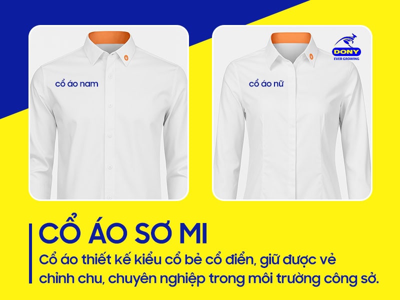Cổ bẻ đứng form, có điểm nhấn nhận diện tinh tế.