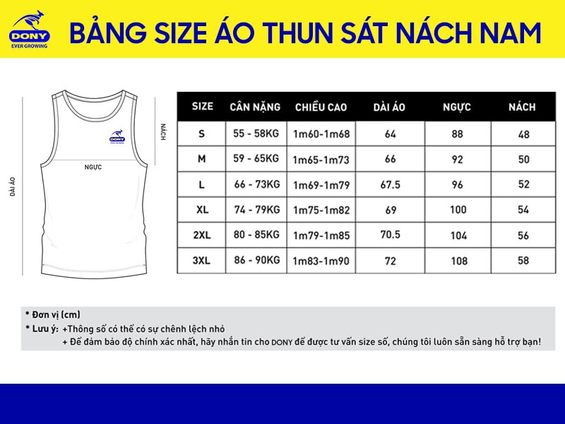 Bảng size may áo thun sát nách nam tại DONY.