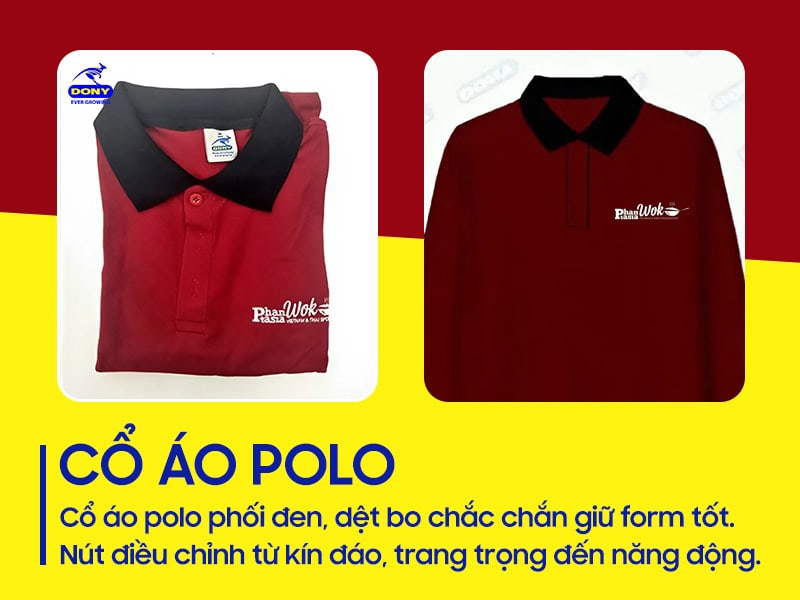 Cổ áo polo phối đen, bo dệt chắc chắn.