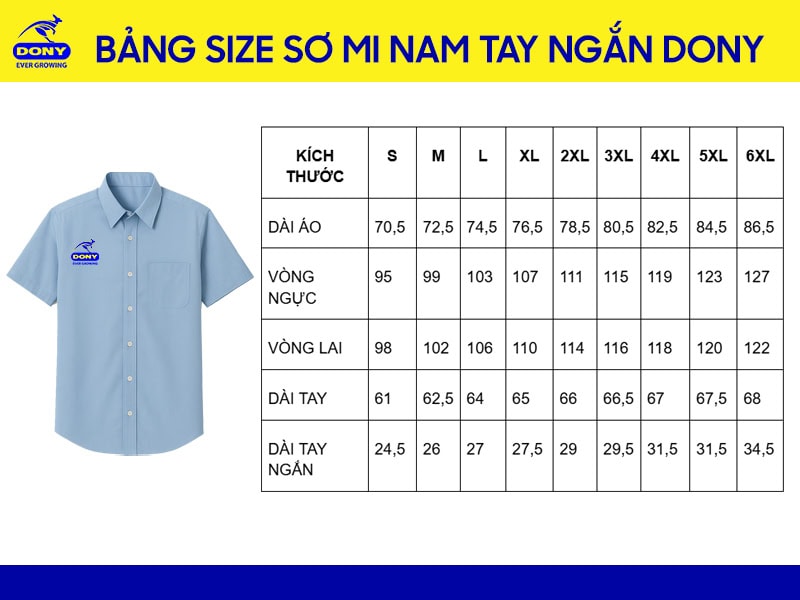 Bảng size may áo sơ mi đồng phục tay ngắn nam.